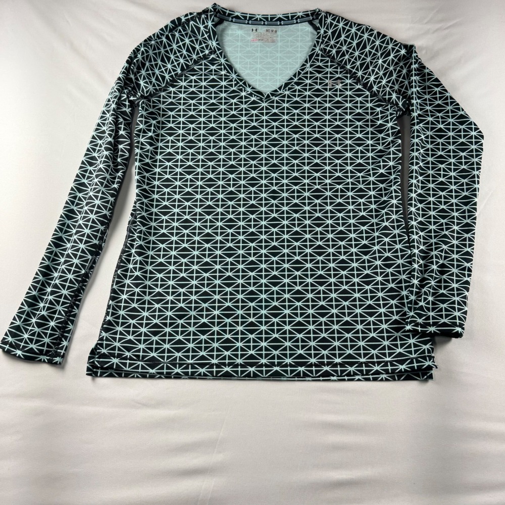 Under Armour HeatGear Womens Medium Black‎ Mint Geometric V-Neck Long Sleeve Top